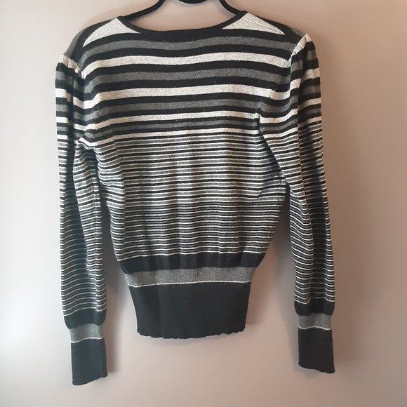 CYC Black White Grey Striped V-neck Sweater, Cotton Cashmere Blend | Med - Picture 6 of 14